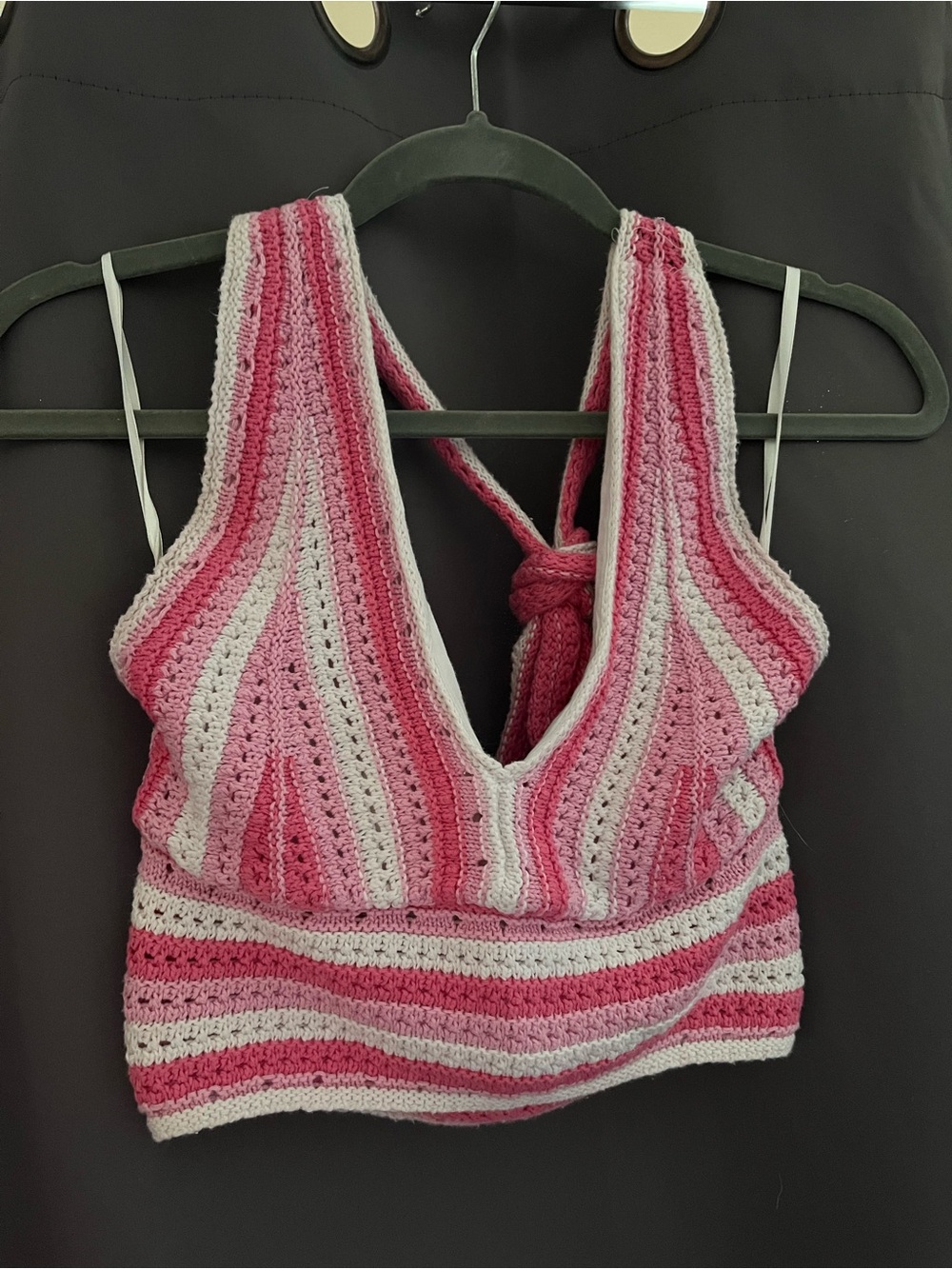 Crocheted Pink Stripe V-Neck Crop Top